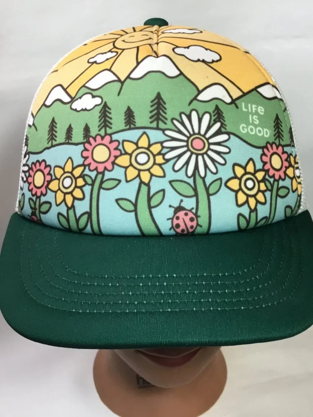 Life Is Good Hat Cap Snap Back Youth Girls Green Sun/Floral Trucker Mesh EUC